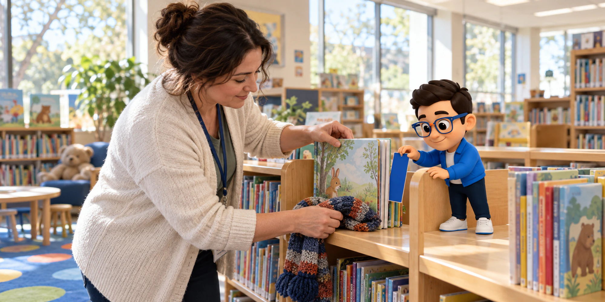 Librarian places a reserved book with a child's scarf while the Context Keeper aligns a blank bookmark