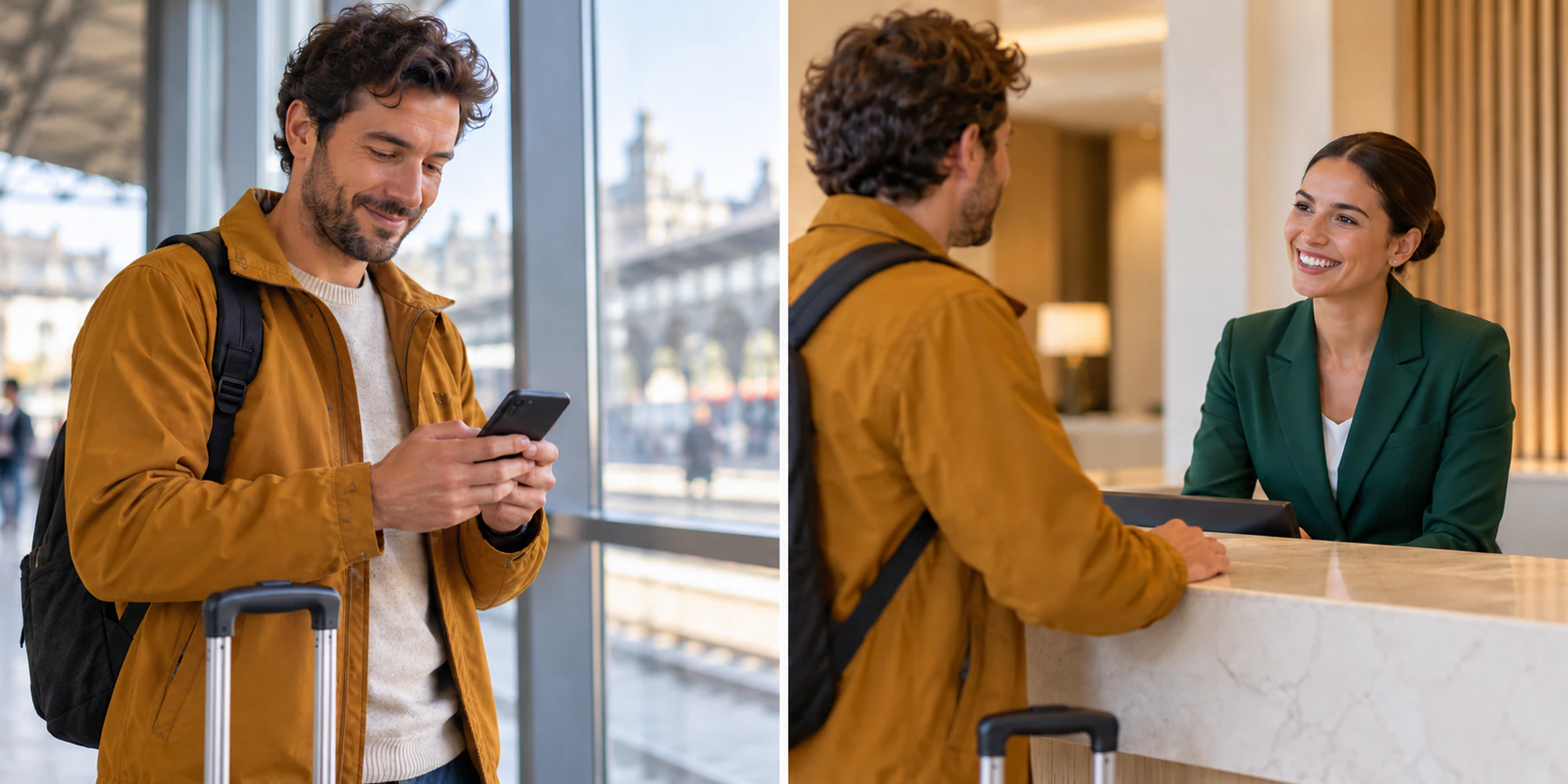 A traveller privately uses a phone beside luggage, then speaks with a receptionist at a hotel desk