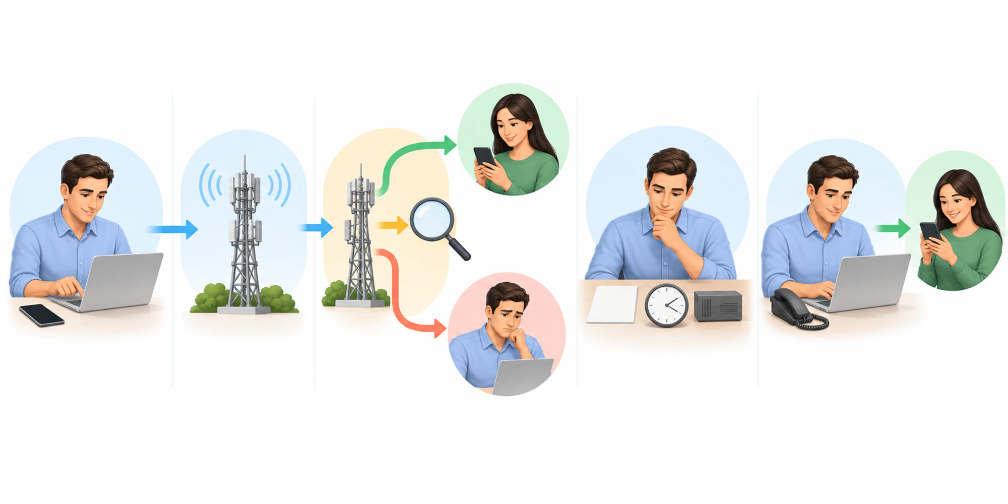 مسار بلا كلمات يتتبع رسالة واحدة من المشغل عبر شركة الاتصالات إلى التسليم والتحقيق والفشل والاسترداد