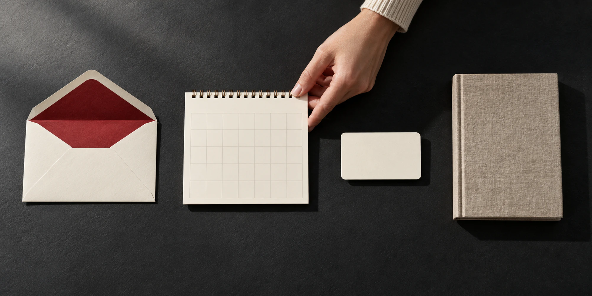 An envelope, blank calendar, blank membership card and closed ledger arranged as four separate cancellation facts