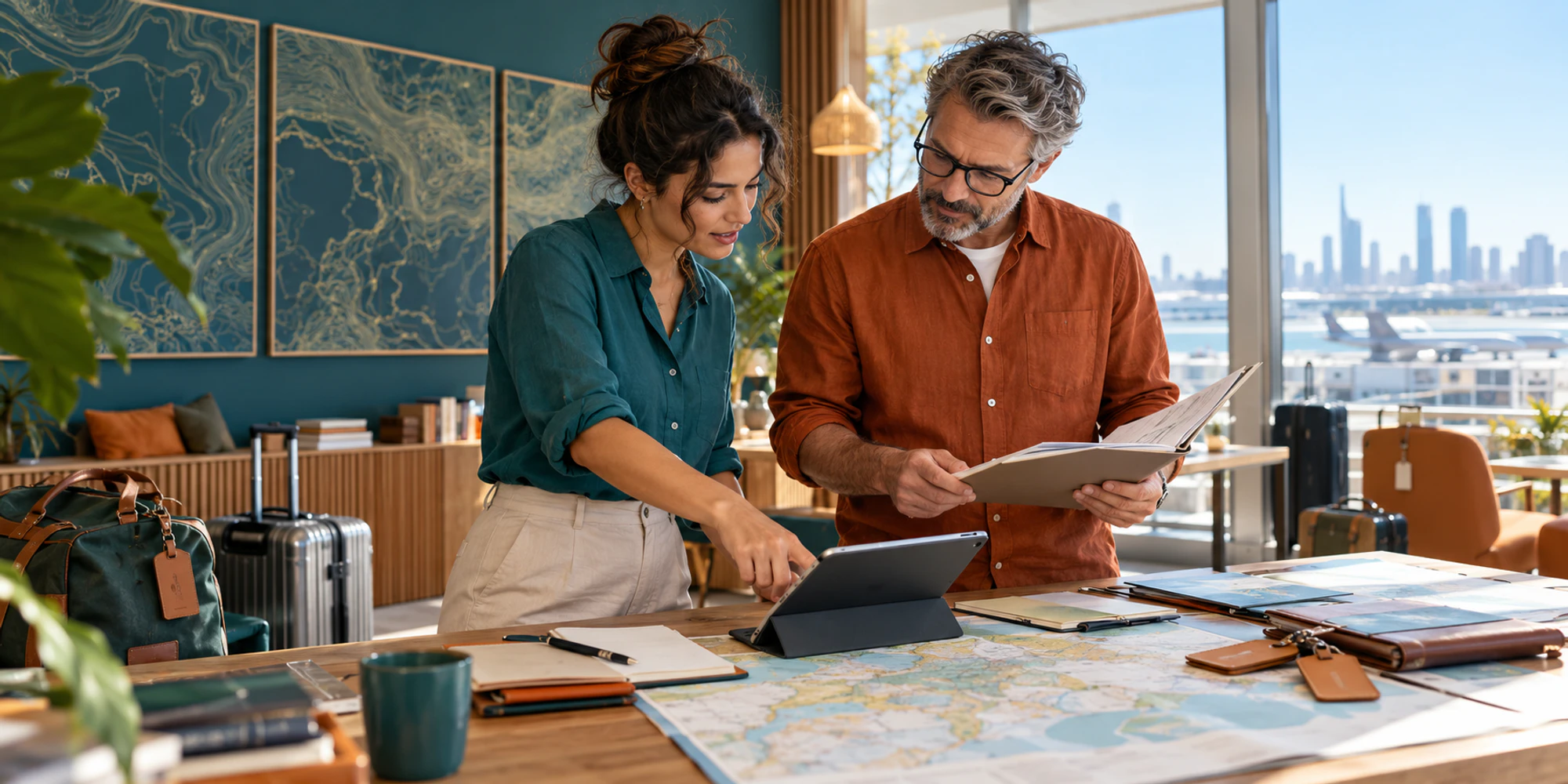 Two travel operations specialists compare a tablet payment record with one paper trip folder in a bright agency office