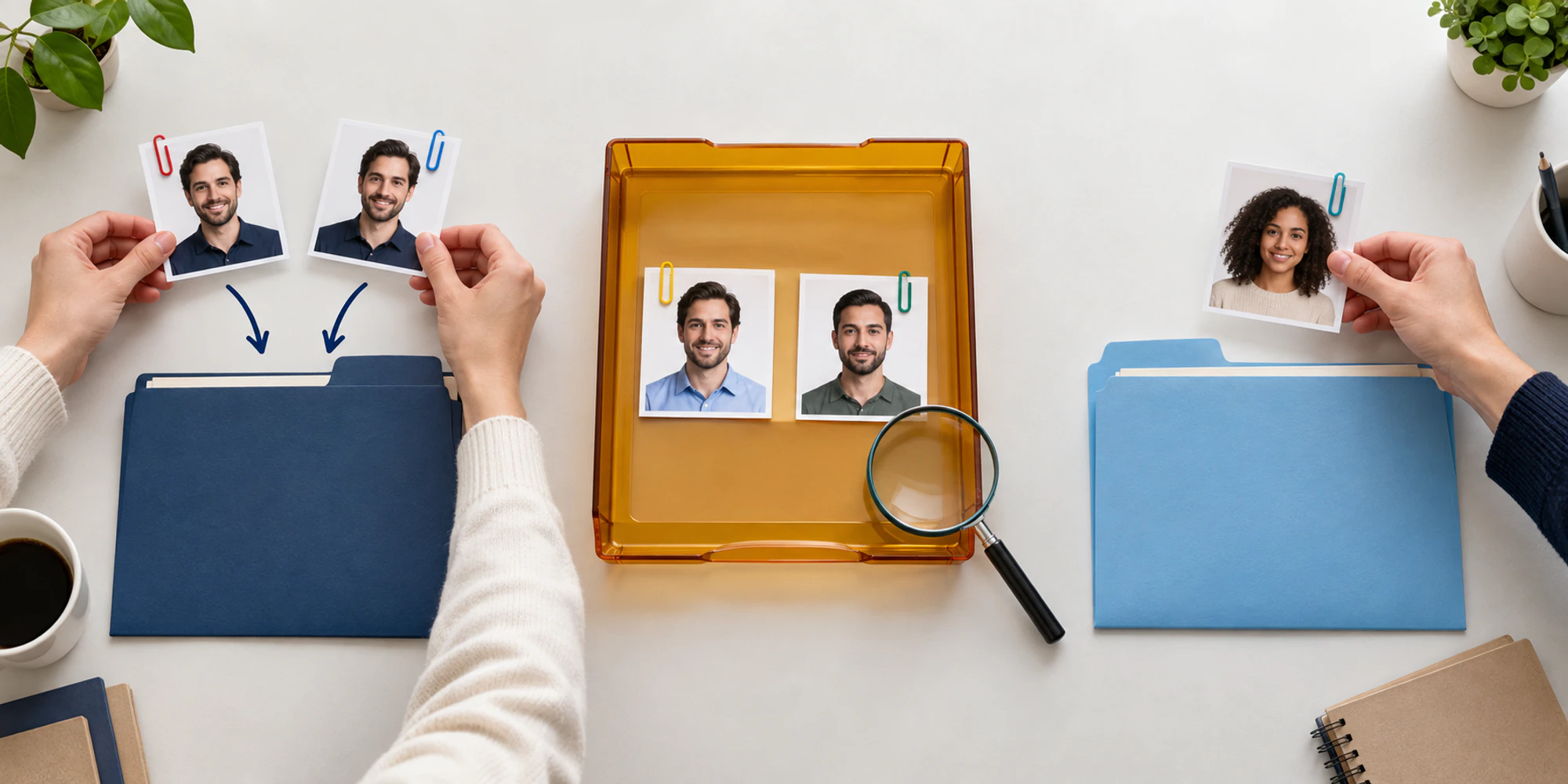 Three outcomes for customer identity matching A wordless identity decision separates exact matches, uncertain pairs for review, and a clearly new customer record.