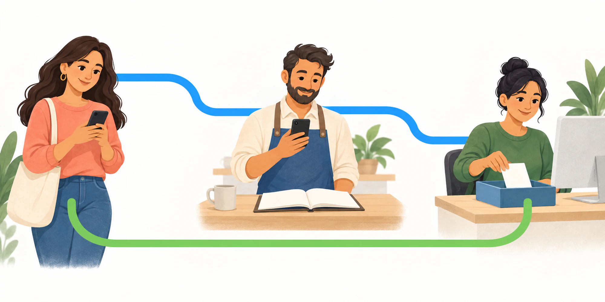 Wordless illustration shows a customer message reaching the owner's familiar phone and a separate team workspace before one coordinated reply returns