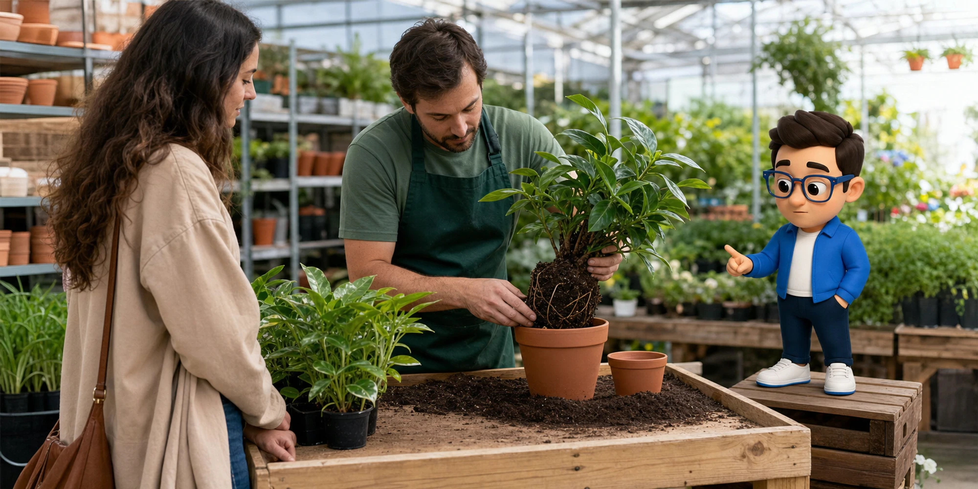 A garden-center employee repots a plant while a customer watches and the Context Keeper compares the prepared pots.