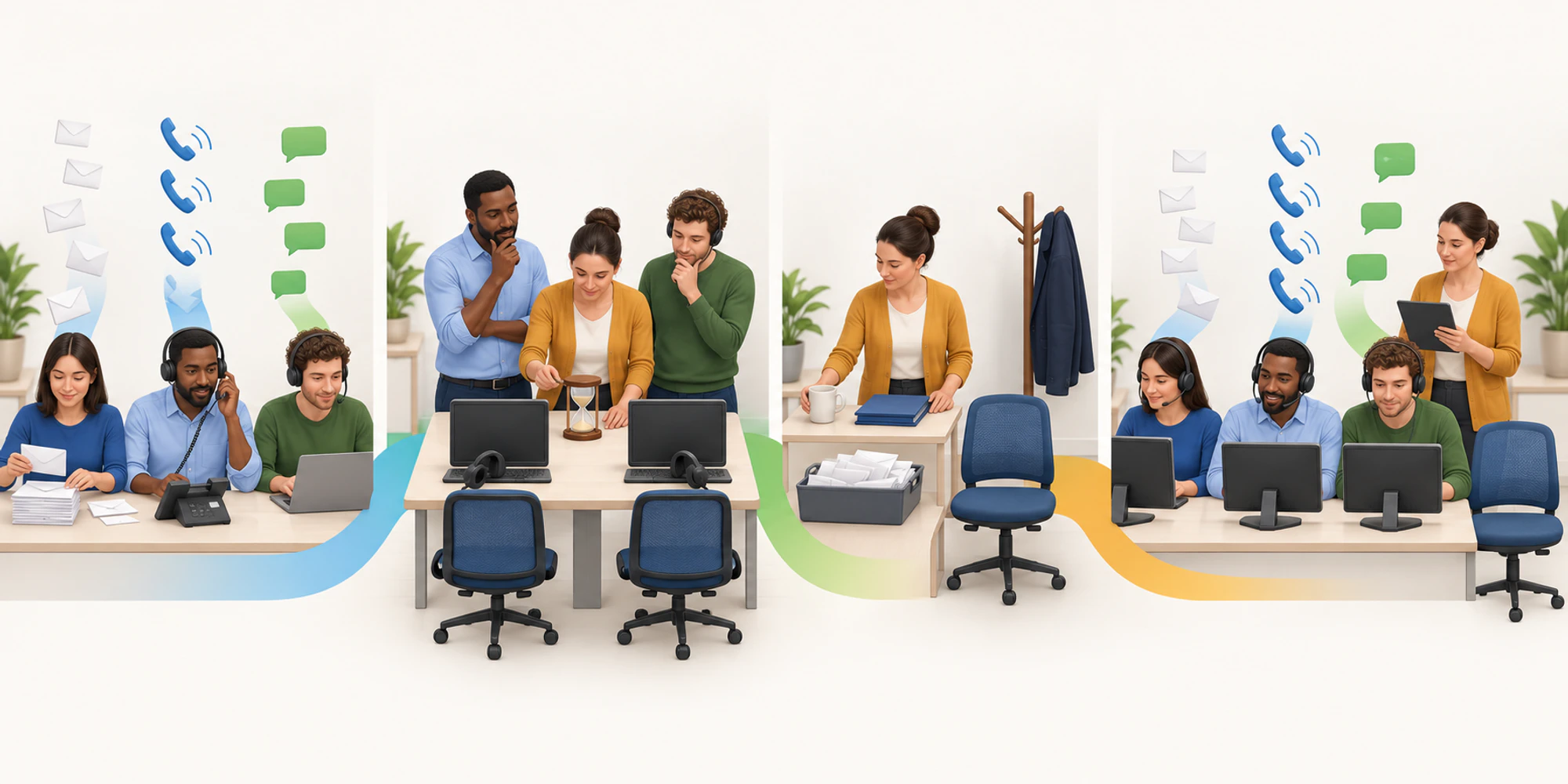 From forecast to workable coverage Four wordless stages turn support arrivals into productive need, coverage allowances, staffed intervals, and live review.