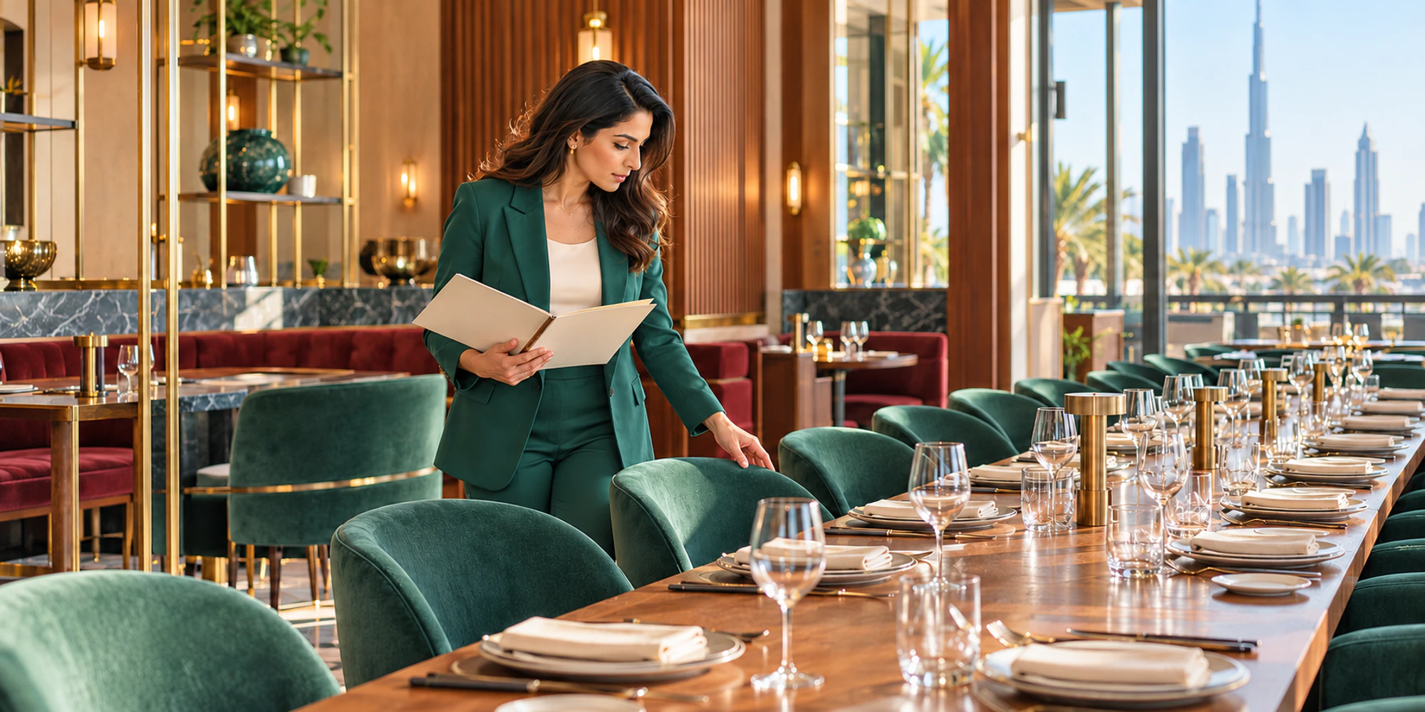 A restaurant events coordinator checks a long table while holding a blank event folder