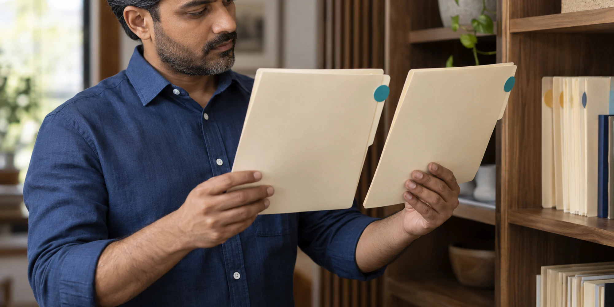 A sales operations specialist compares two plain cream folders with matching teal tabs