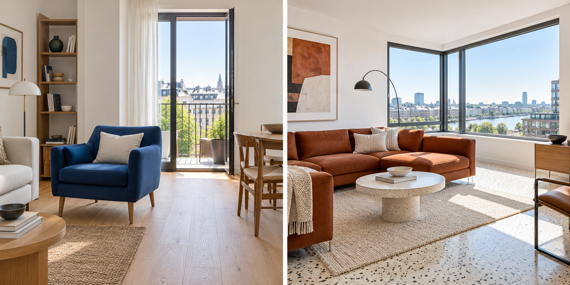 Diptych showing two different ordinary apartment interiors as alternative options