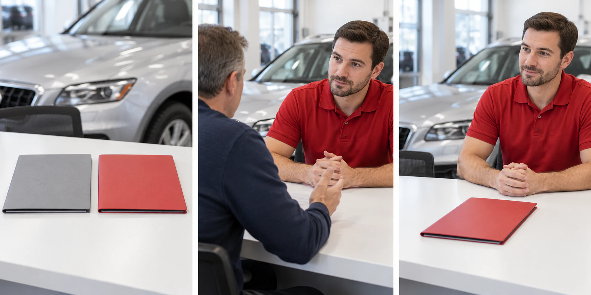 Three workshop scenes show two plain folders, a customer discussion and an adviser waiting beside one folder