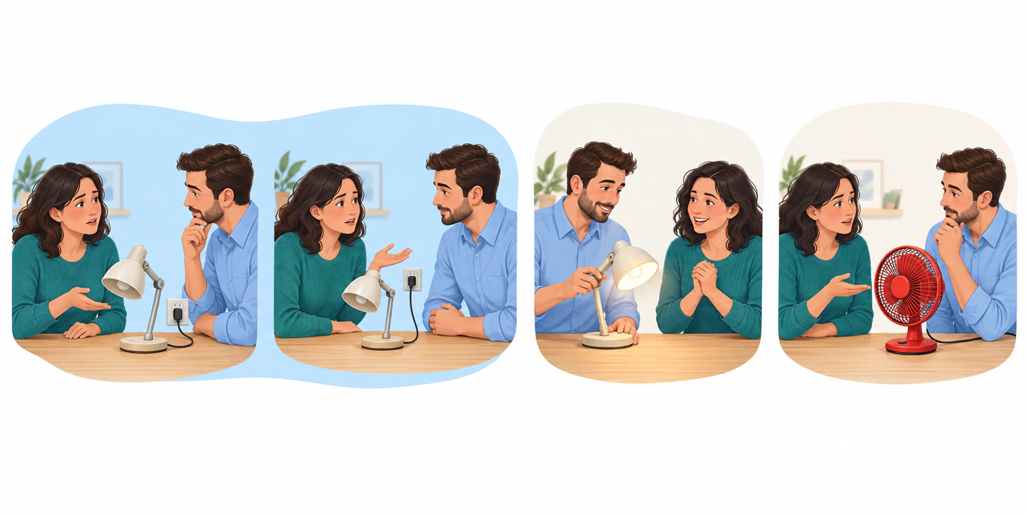 افصل التكرار الحقيقي عن التواصل اللاحق مقارنة بلا كلمات تعرض المصباح نفسه بلا إضاءة ثم تسليمه مضاء في متابعة مخططة وسؤالاً جديداً عن مروحة.