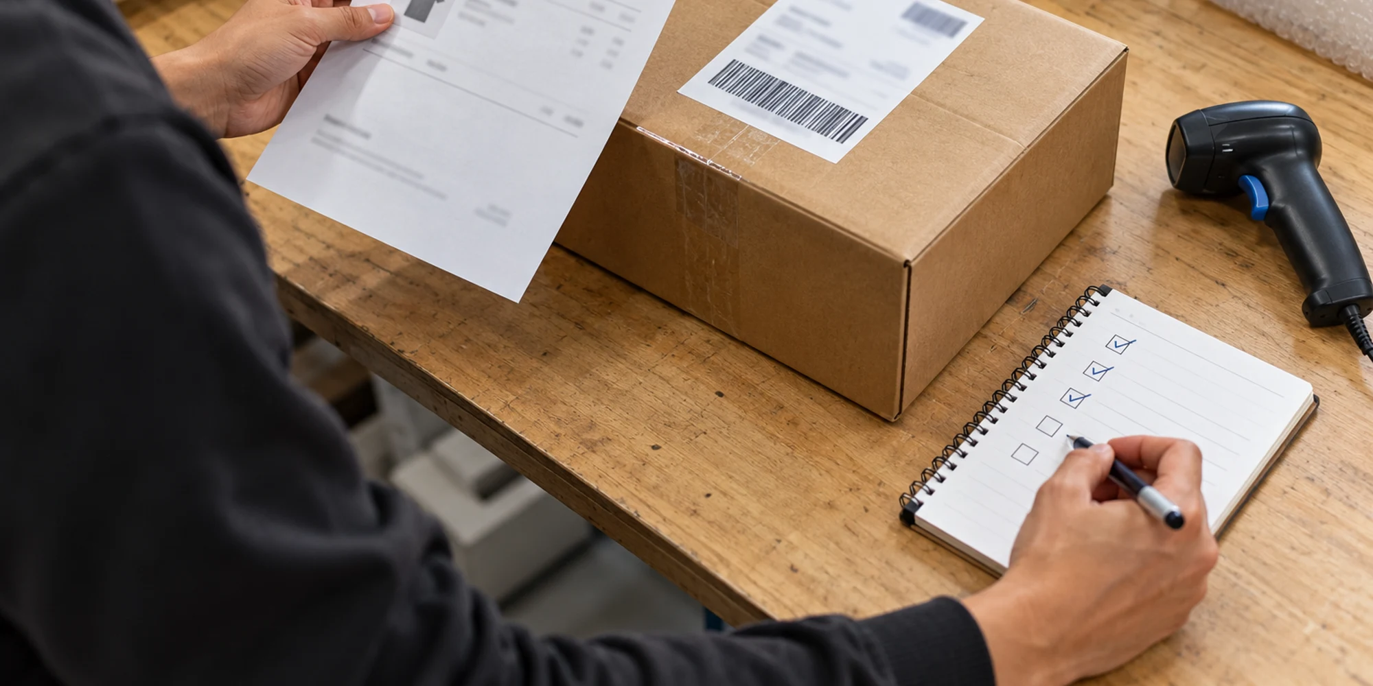 Hands compare a privacy-safe packing slip with a sealed parcel beside a scanner and blank checklist