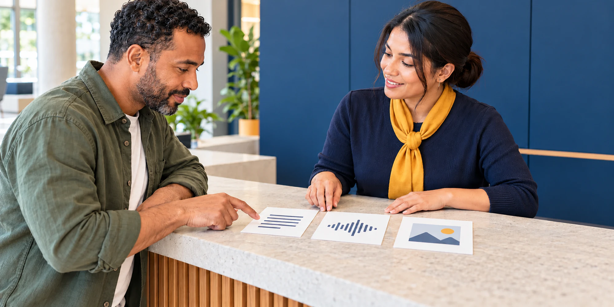 A customer and support coordinator compare plain cards representing text, audio and image formats at a service desk