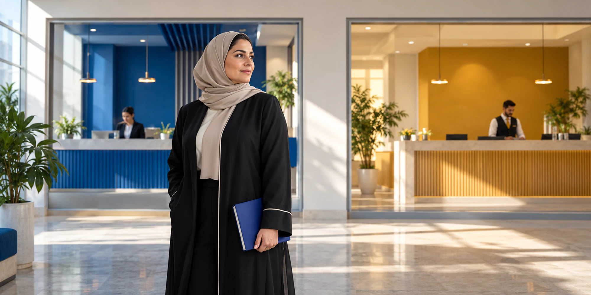 Regional operations coordinator stands between distinct cobalt and saffron service counters