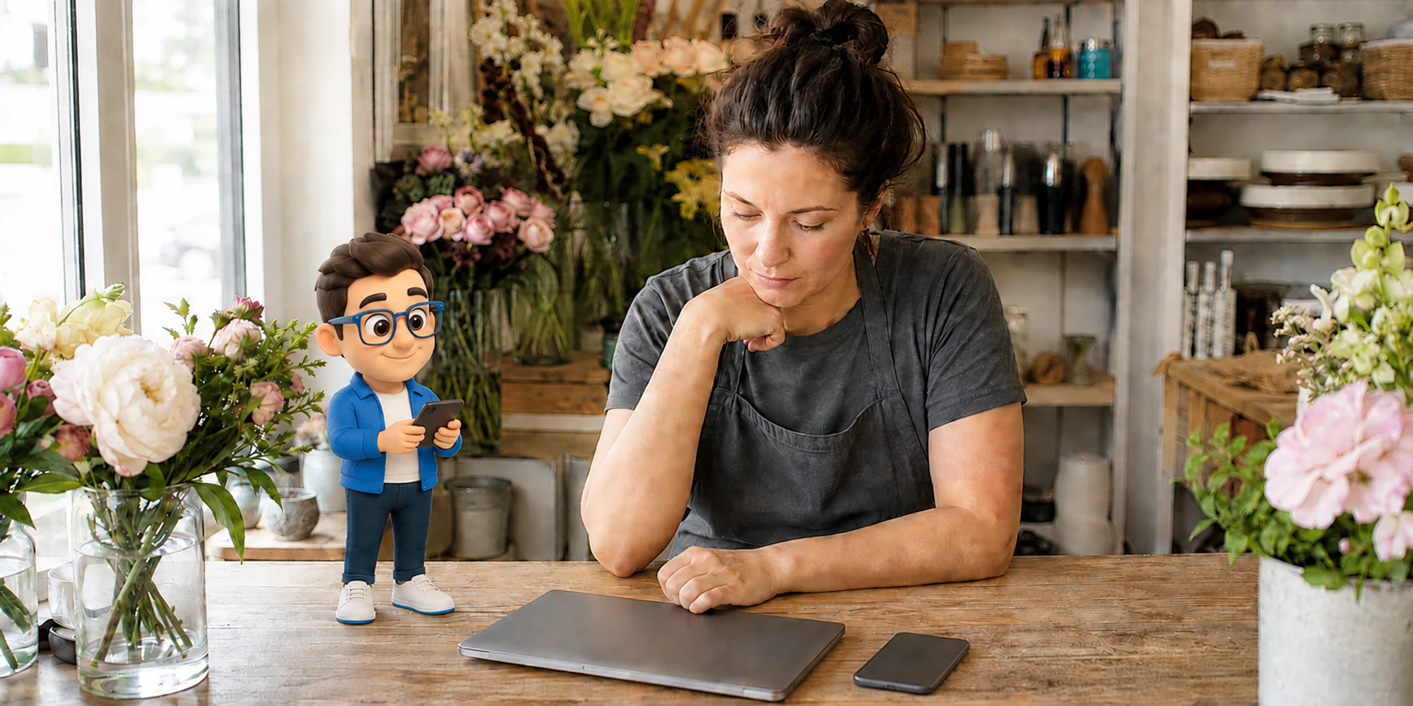 Flower shop owner considers a closed laptop while the DripTell Context Keeper holds a face-down phone