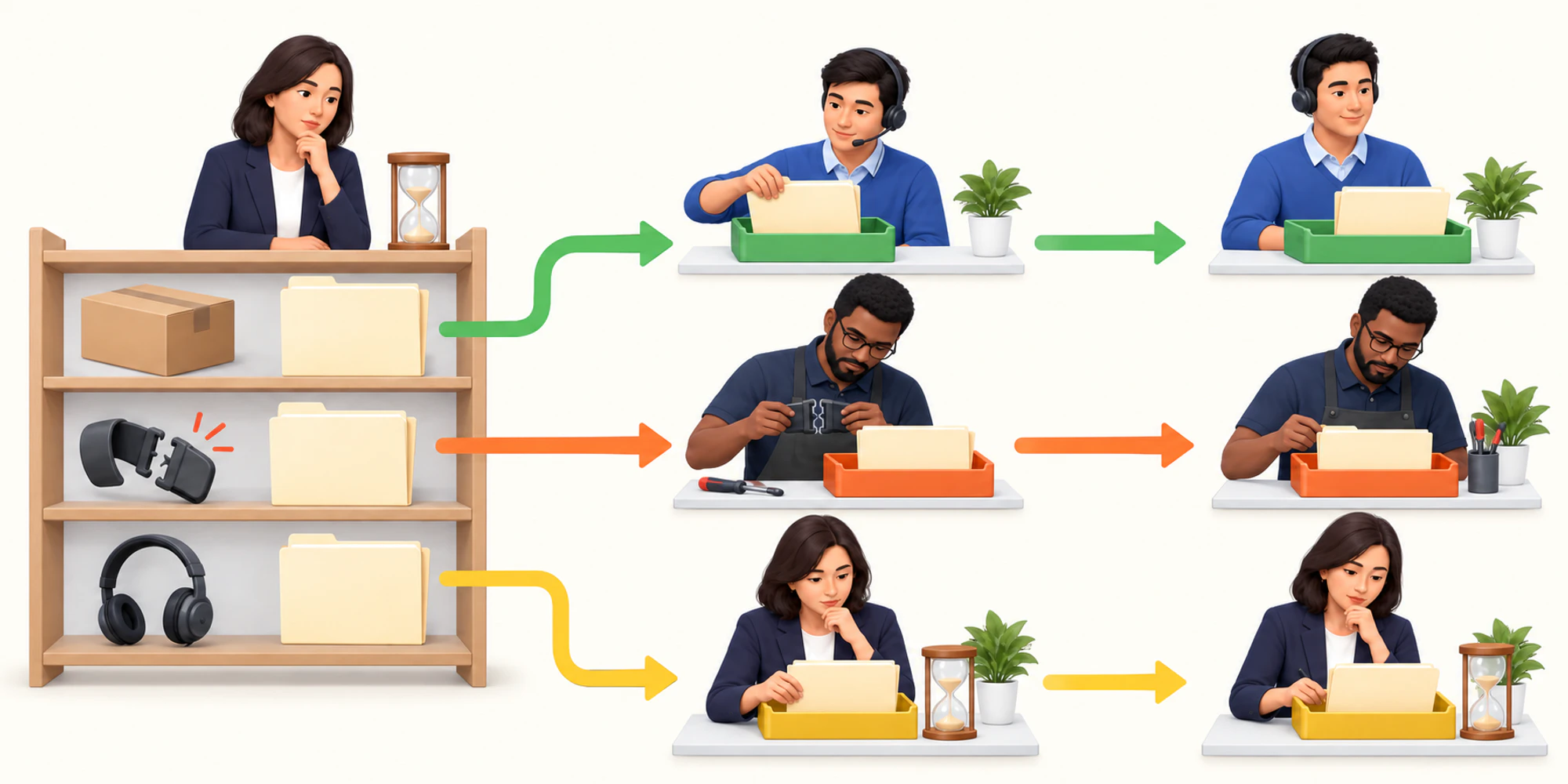 Routine work is assigned automatically, specialist work is deliberately claimed and unclaimed work moves to supervised recovery.