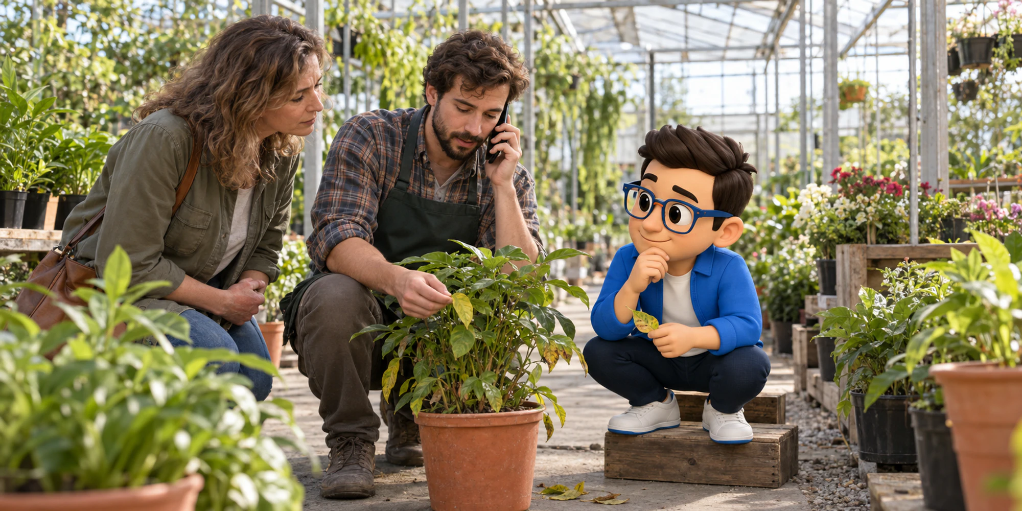 A nursery employee phones an expert beside a customer and her potted plant while the Context Keeper compares a fallen leaf.