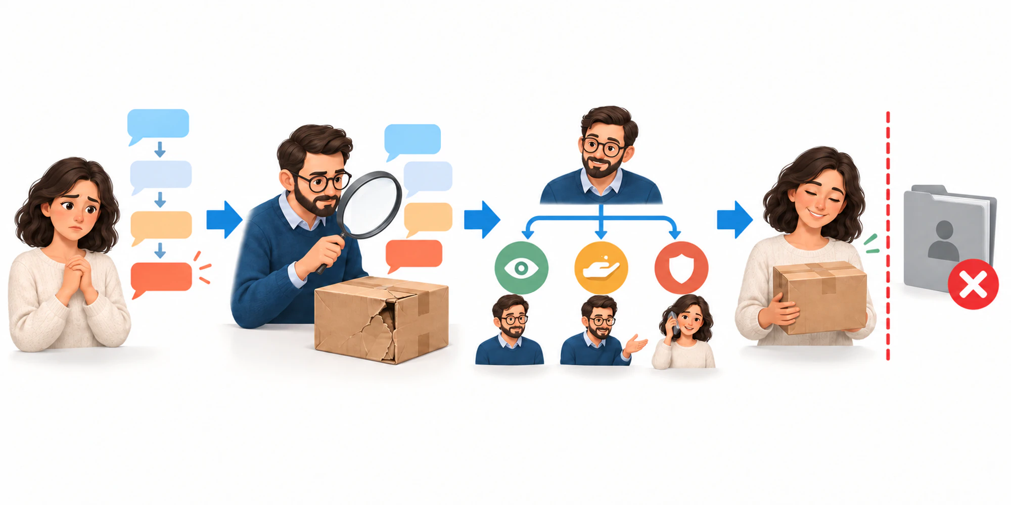 A wordless flow moves from a negative sentiment signal through context review and proportionate action to a customer outcome while blocking employee rating.