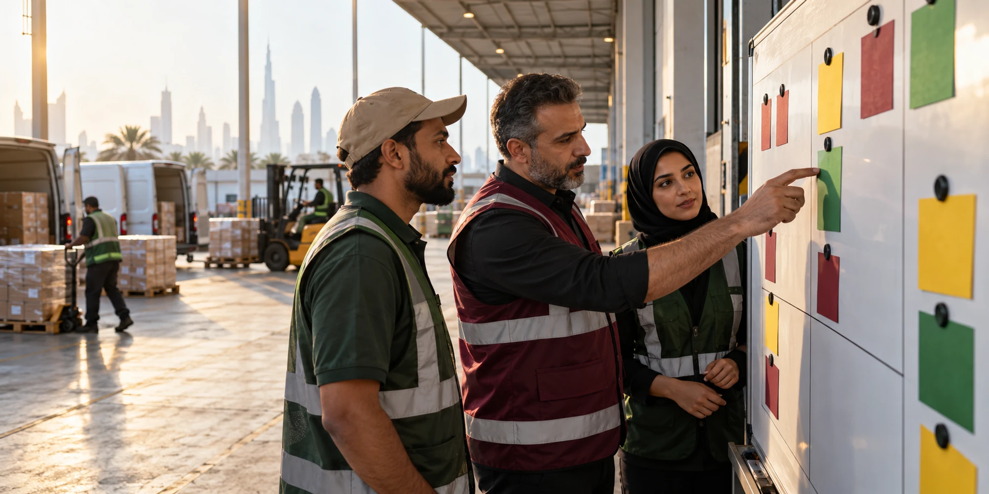 مشرف خدمات لوجستية وعاملان يراجعون بطاقات حالة فارغة على لوحة مغناطيسية في مستودع تحميل