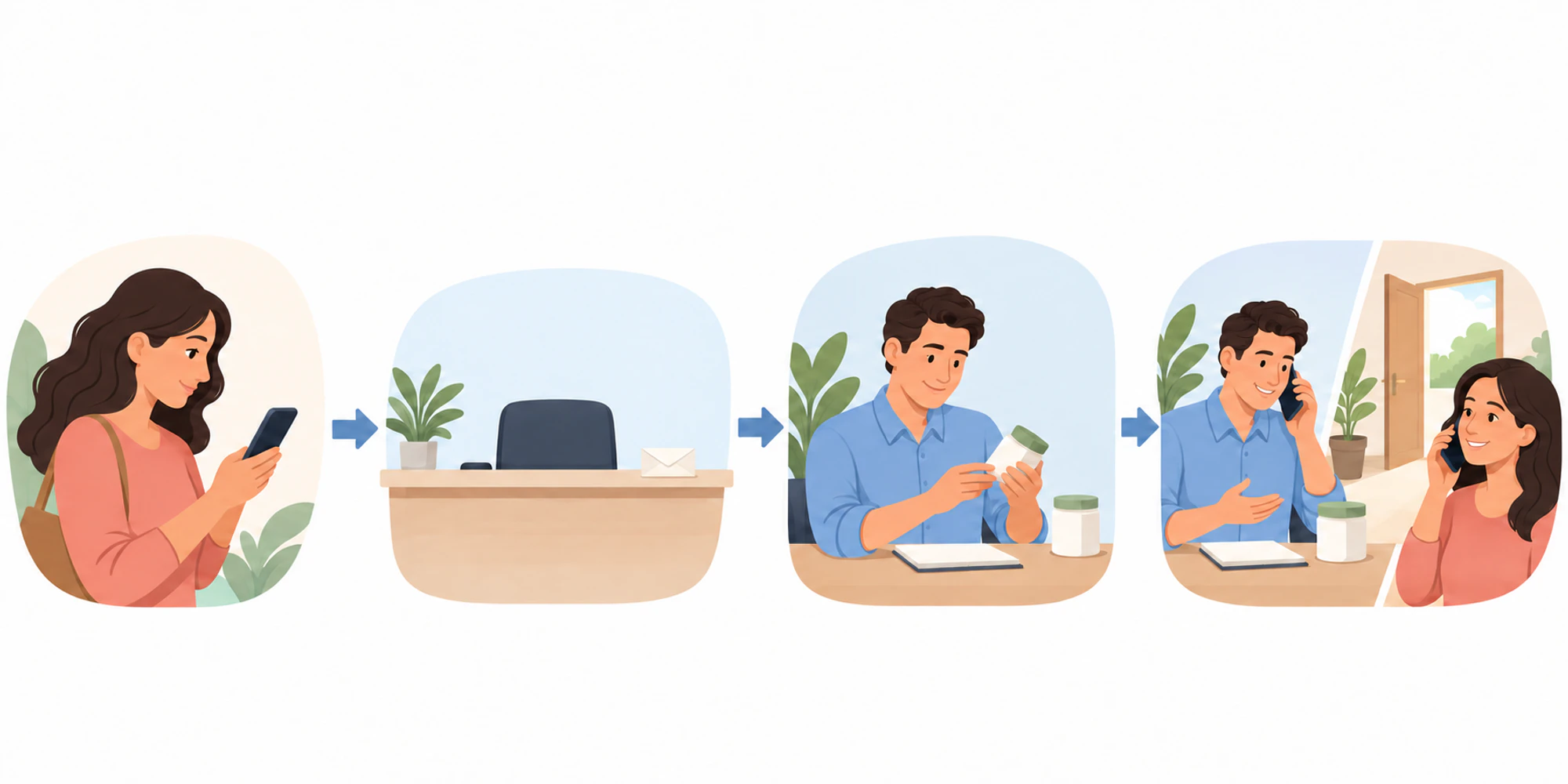 A wordless four-stage sequence separates enquiry, acknowledgement, review, and meaningful sales response.