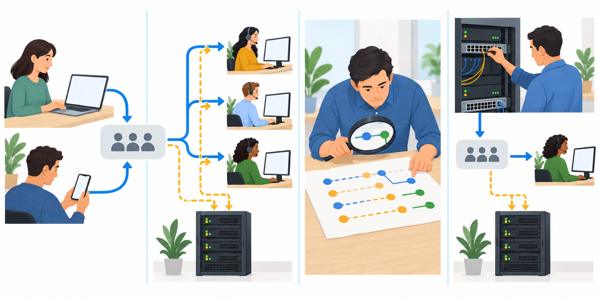 How conversation diagnostics turns routing into evidence Wordless flow showing customer requests routed to representatives while telemetry is captured, reviewed and used for a controlled retest.