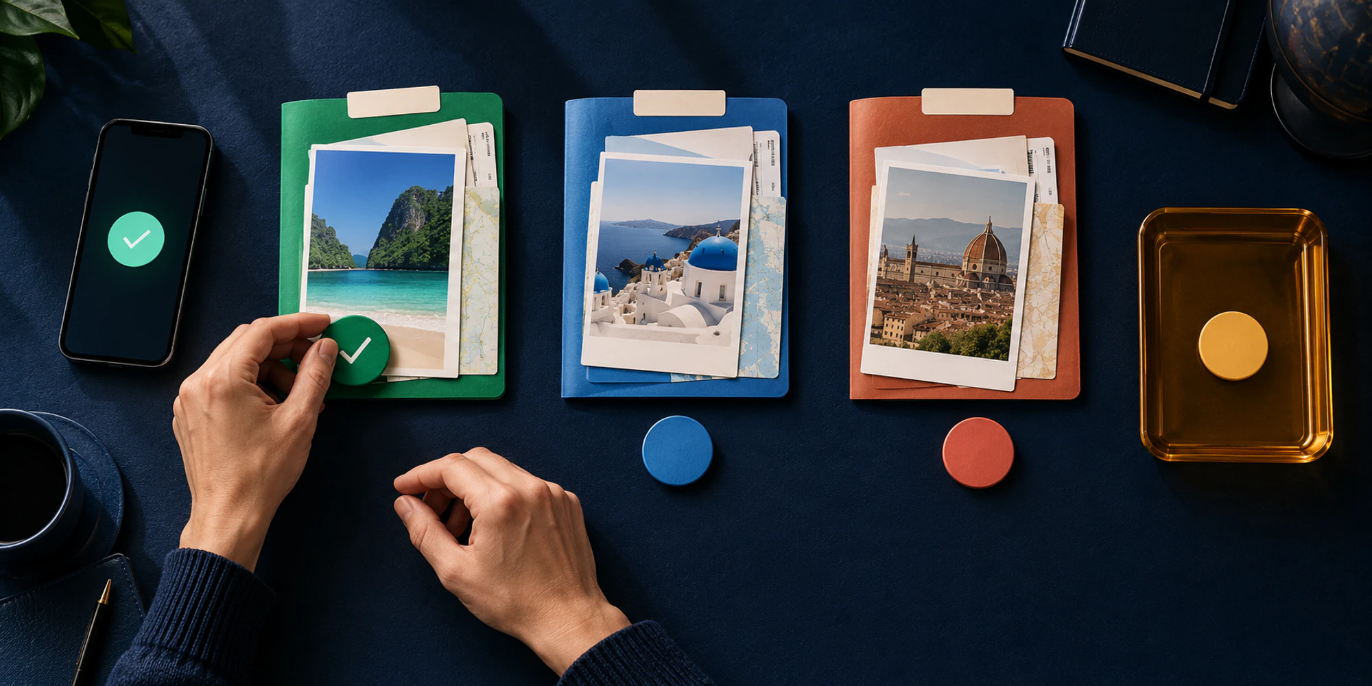 An overhead travel operations table separates three booking folders, a verified payment marker and an amber review tray
