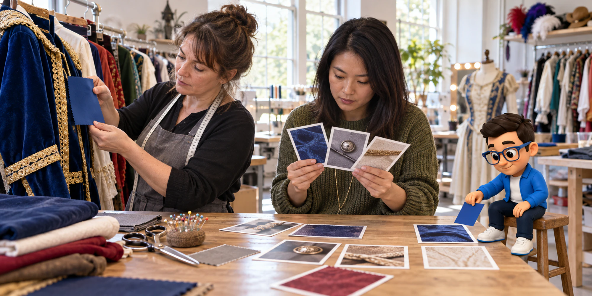Two costume specialists compare fabric and wordless reference cards while the Context Keeper checks a matching color tab.