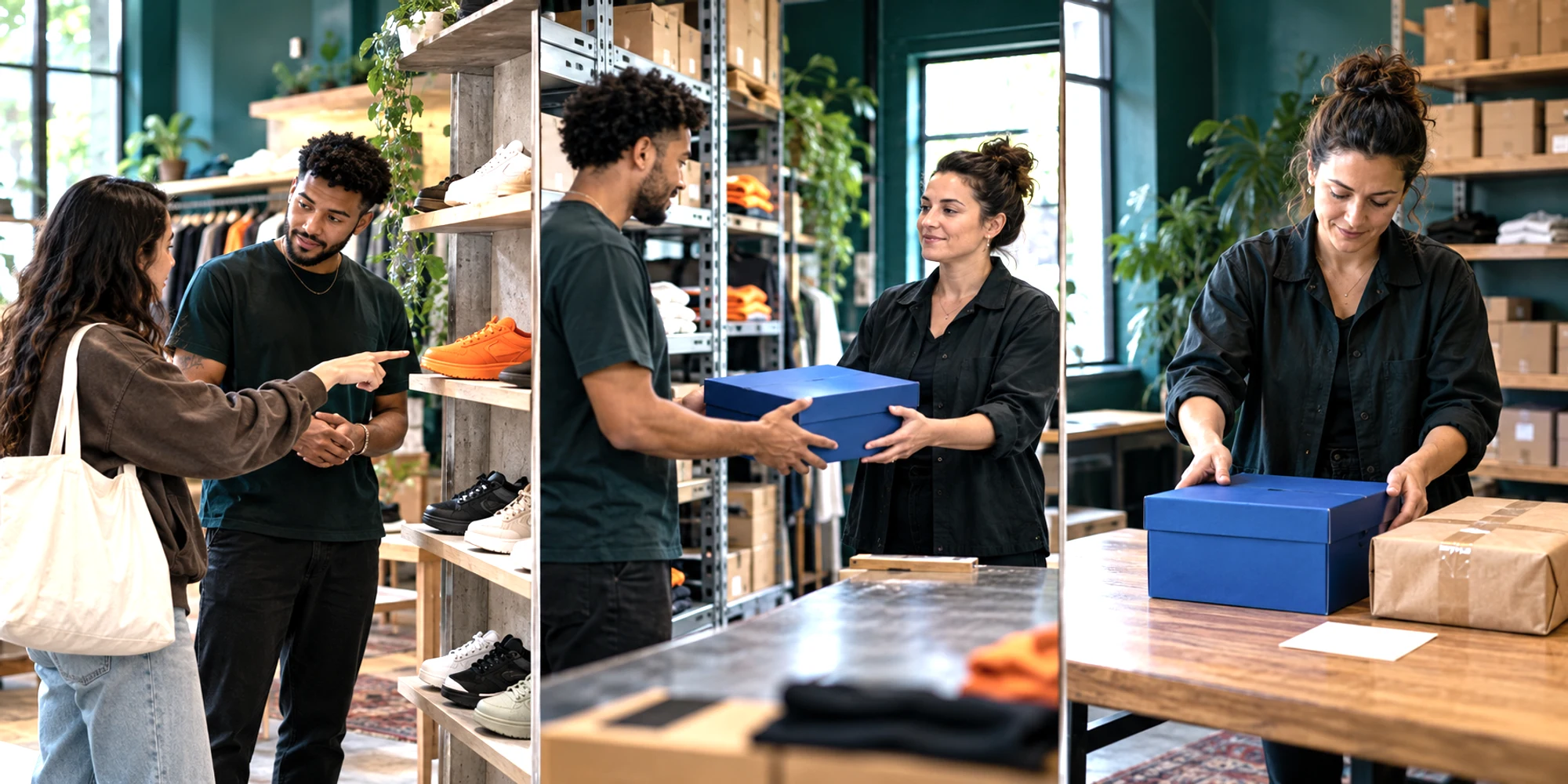 Three retail scenes show a product question, named ownership and prepared follow-up