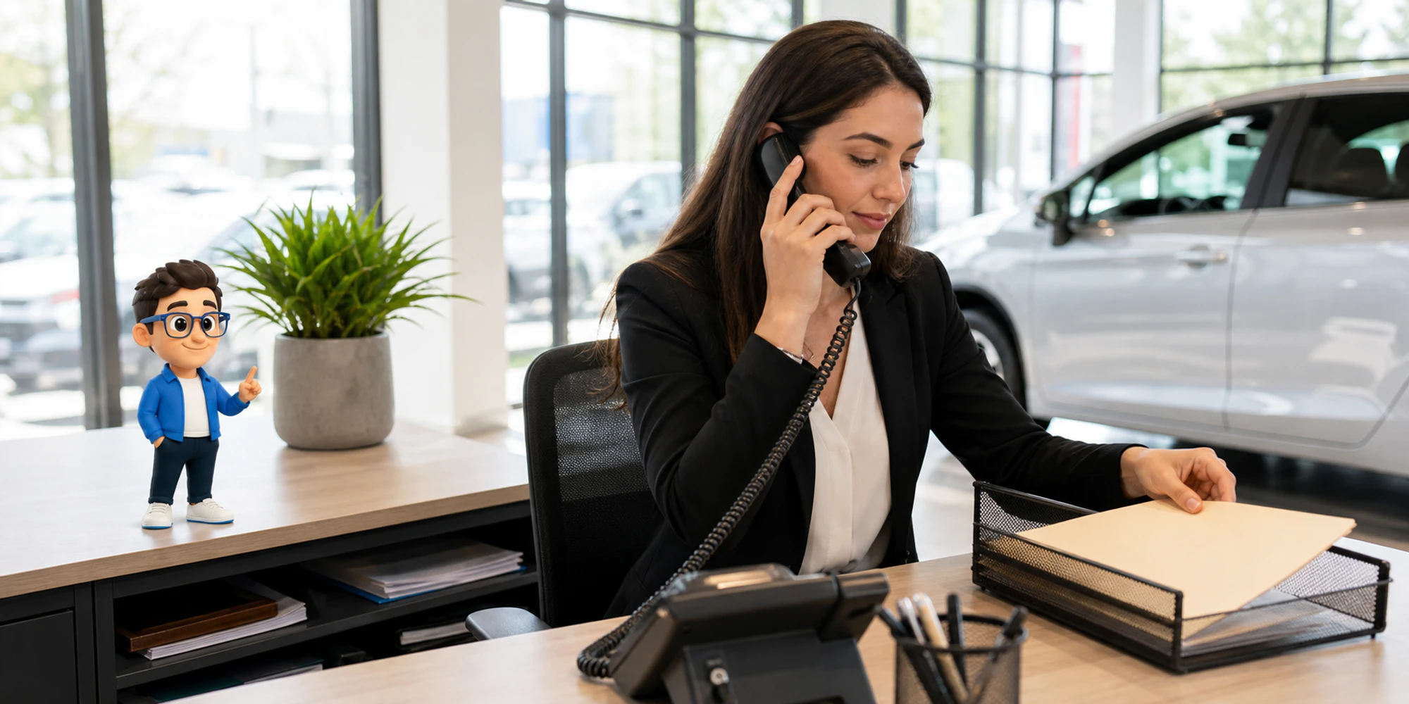 A car showroom sales coordinator files a customer folder after a call while the Context Keeper confirms the outcome.