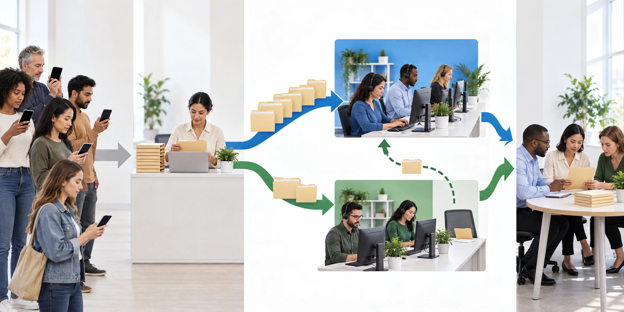 The safe percentage routing flow Customer requests pass through one intake, split between two qualified support teams, use a limited fallback and return to a shared outcome review.