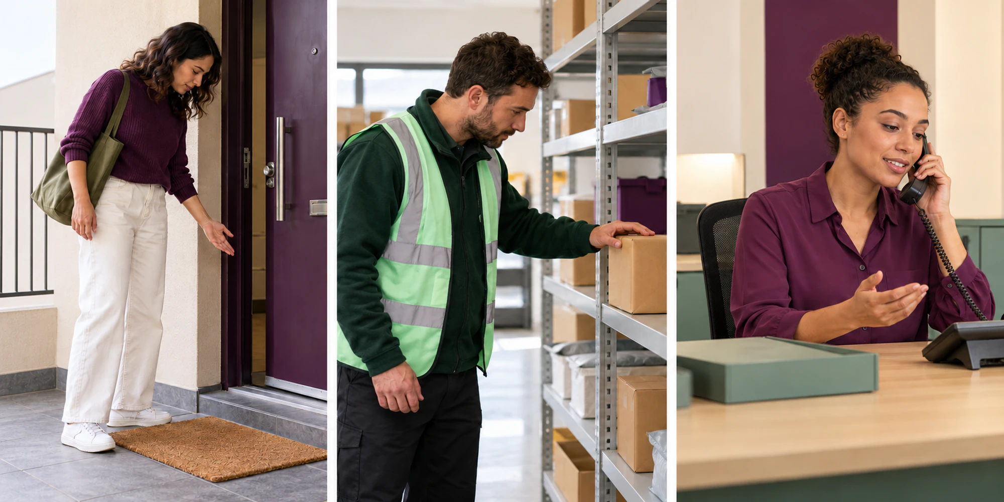 Three photographic scenes show a customer report, a parcel-shelf check and a service update