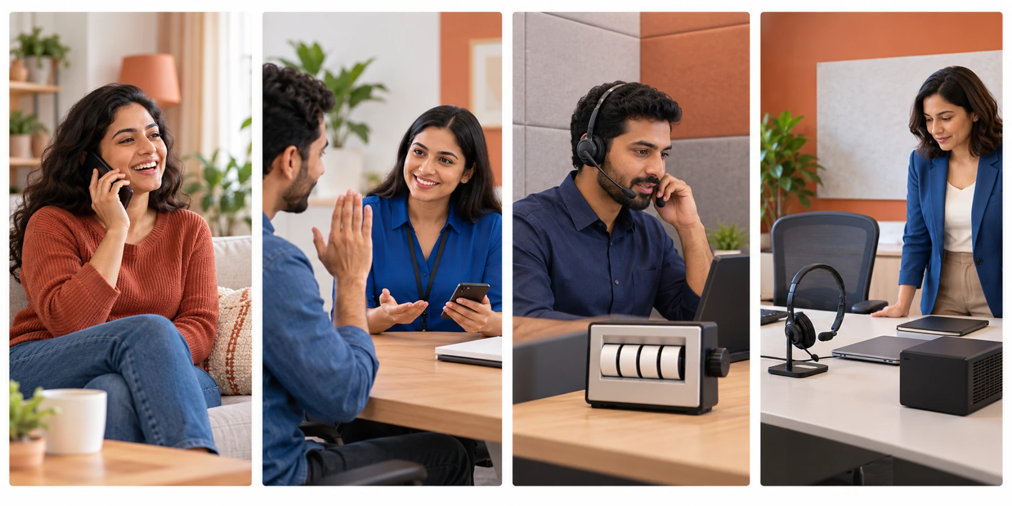 Four panels show an incoming call, permission, connected business call and operating setup
