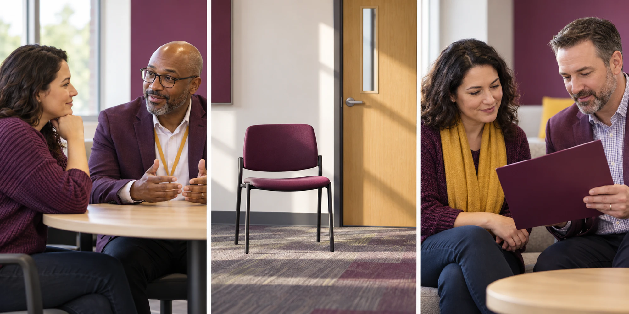 Three campus scenes show an adult learner talking with an adviser, an empty chair and a folder discussion