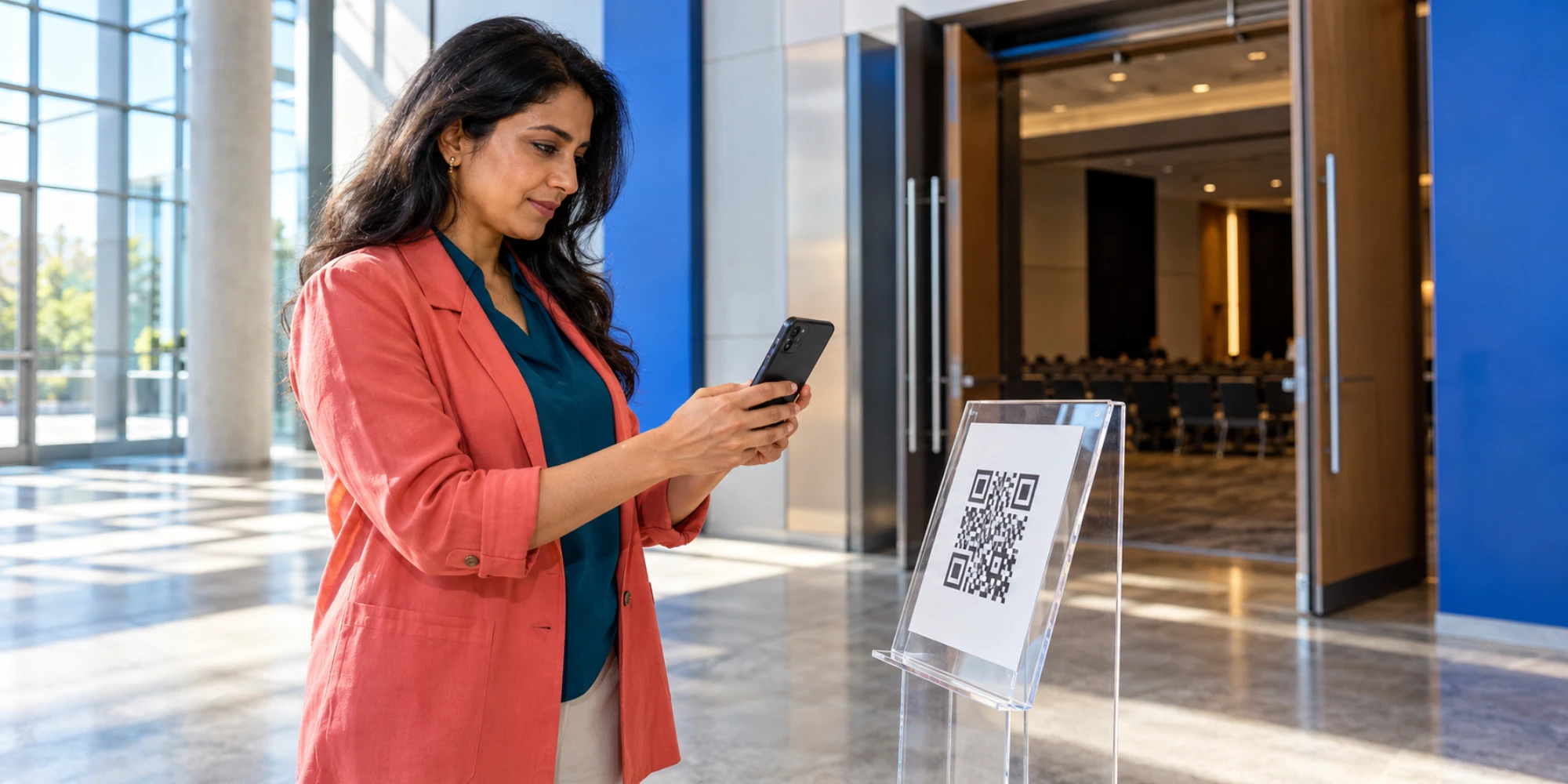 Conference operations manager scans a QR placard at a bright professional event entrance