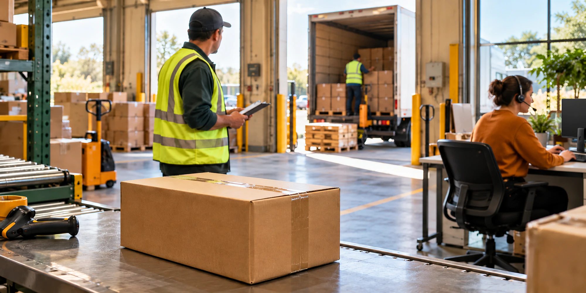A parcel, warehouse check and customer service owner show the evidence chain for a delivery exception
