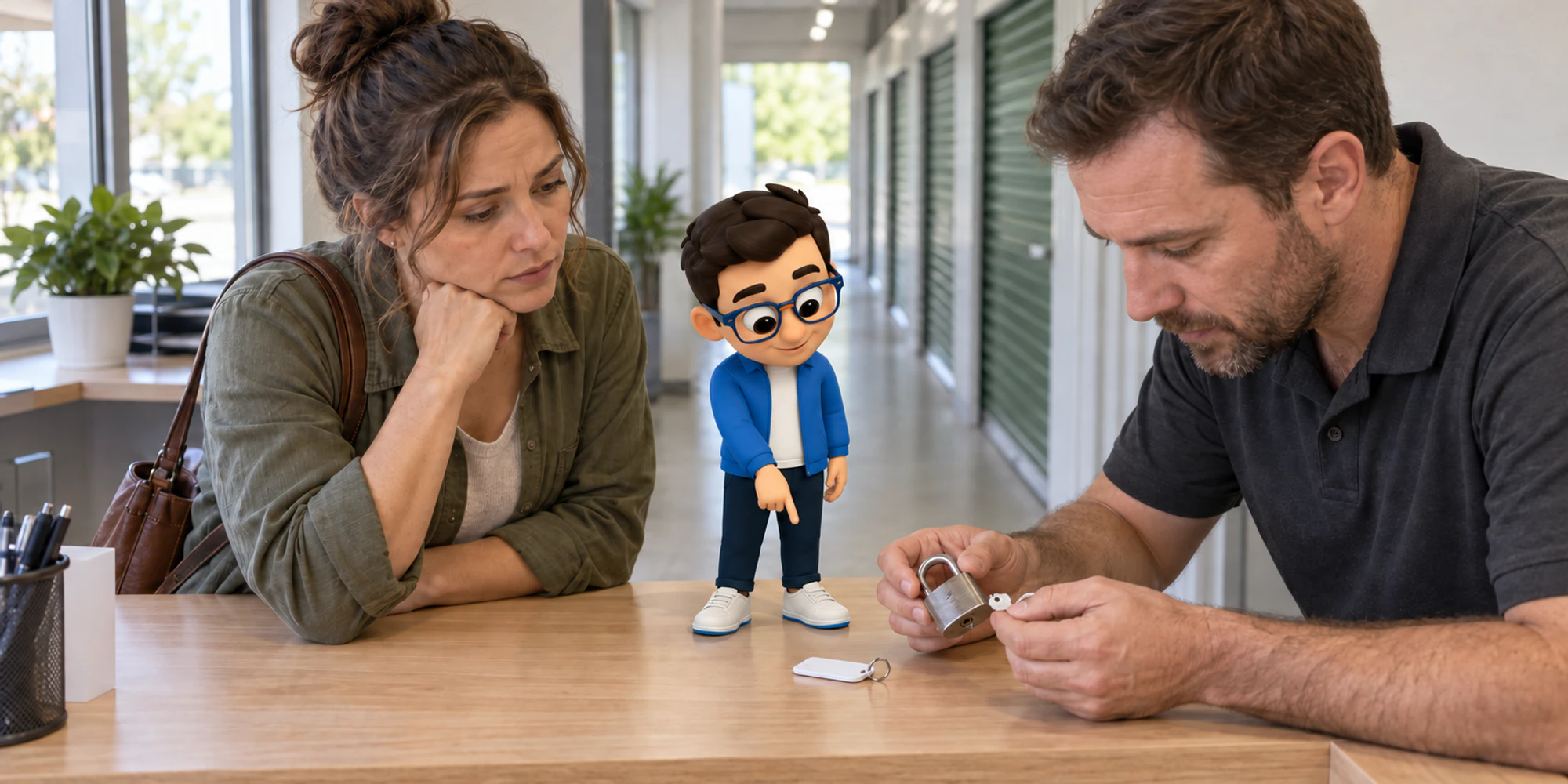 Self-storage employee checks a returning customer's padlock while the Context Keeper points to the original blank key tag