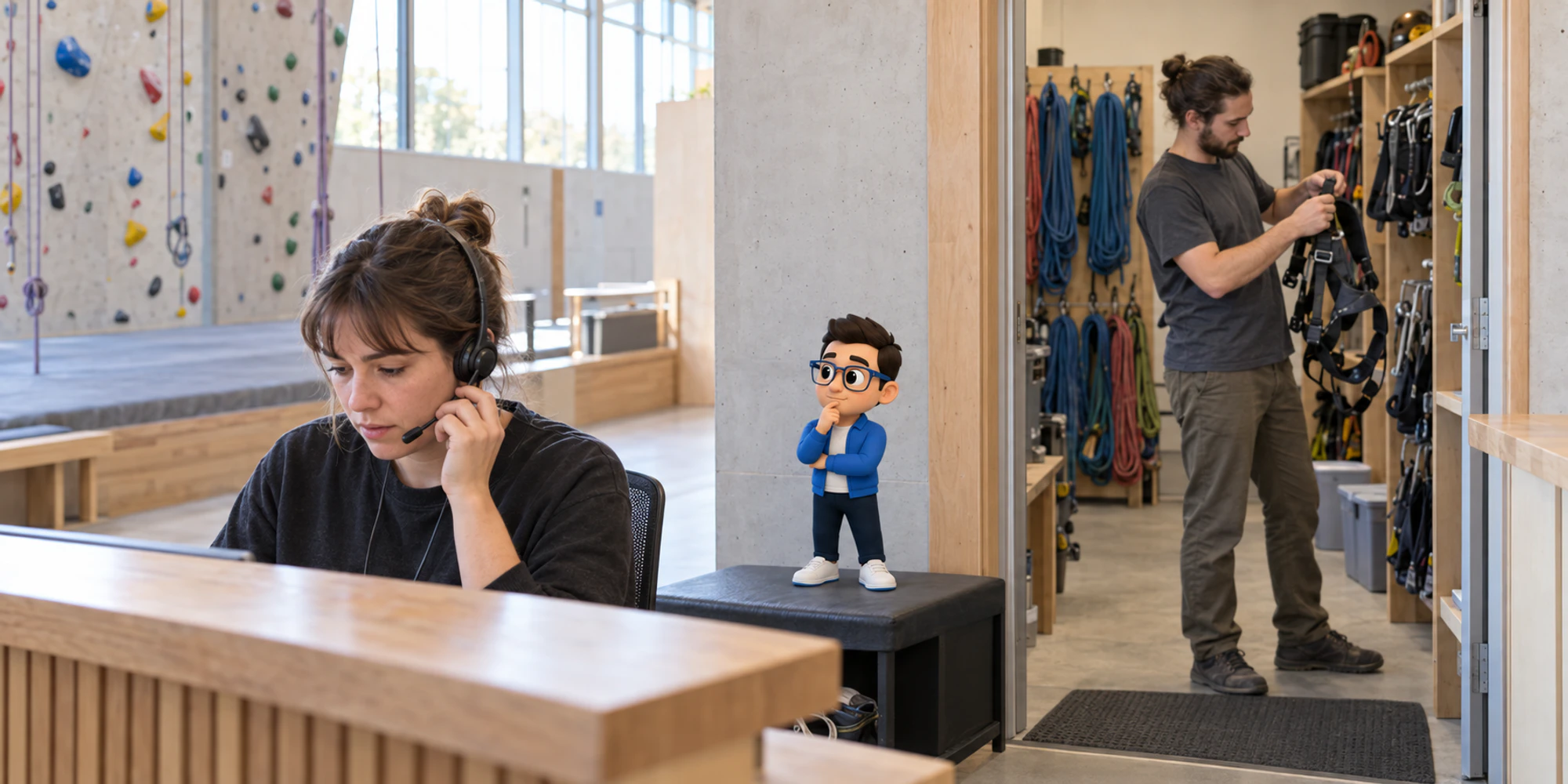 A climbing gym service coordinator traces a customer request while the Context Keeper thinks between the front desk and equipment specialist.