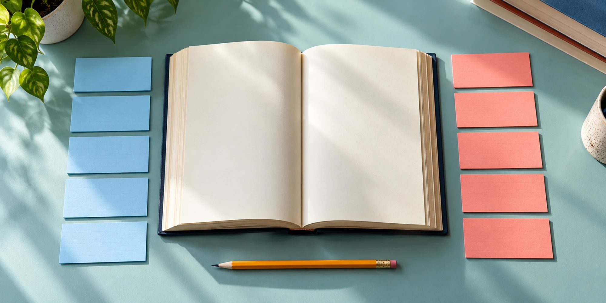 An open reference book between paired blue and coral index cards on a teal surface
