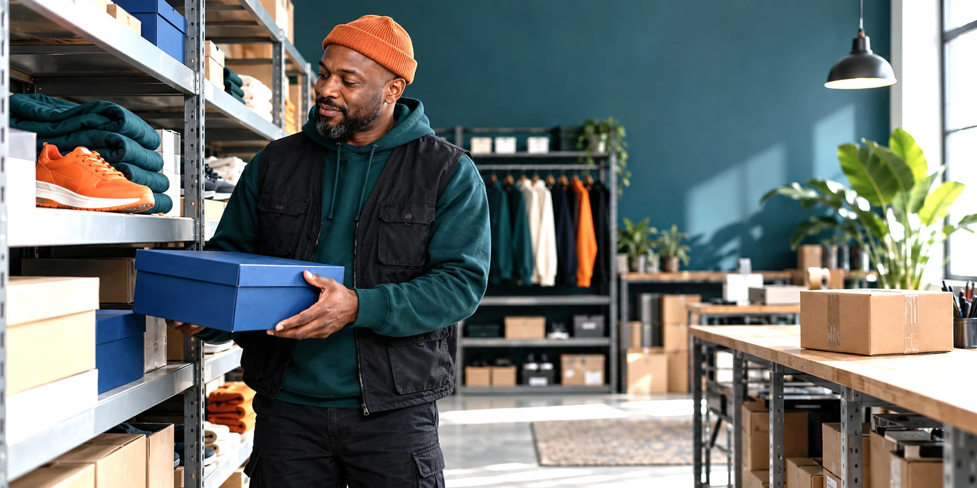 Retail operations lead holds a product box in a bright streetwear stockroom