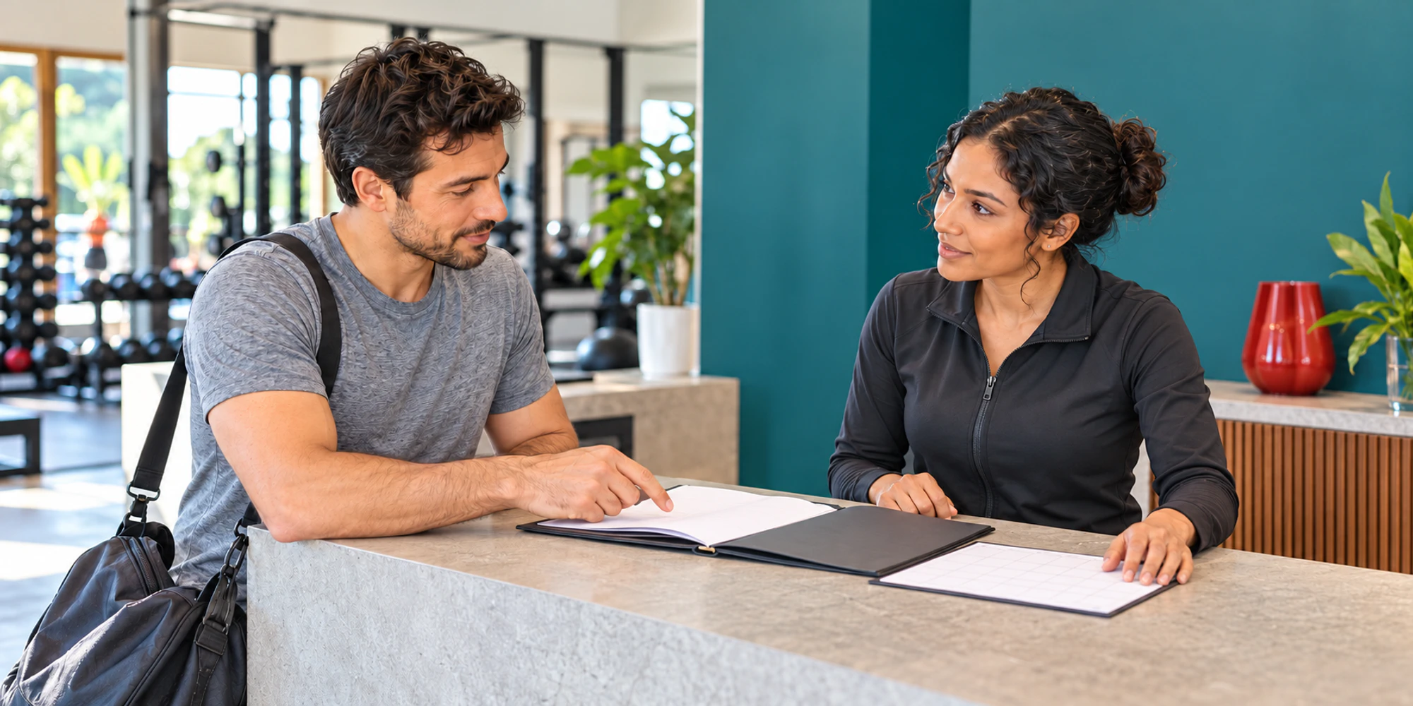 A member and a membership services coordinator review a folder and blank calendar at a fitness studio reception