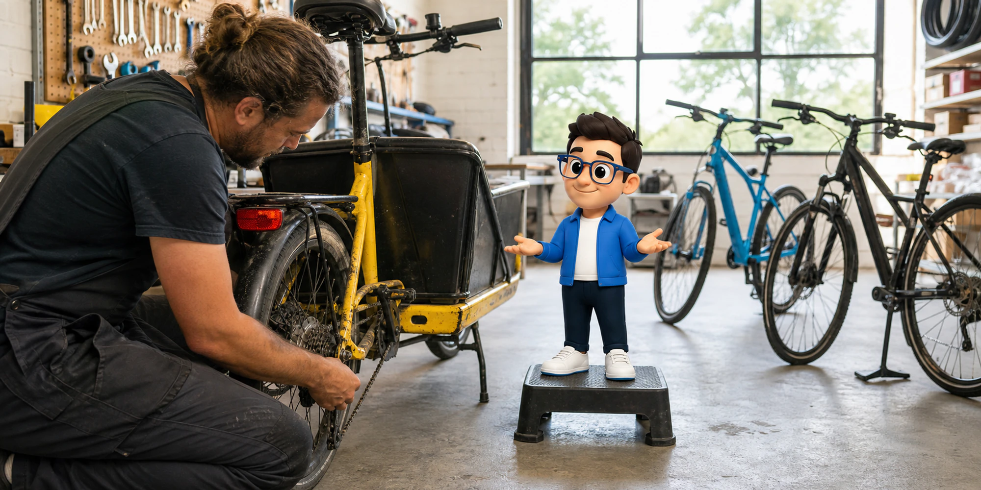 A bicycle mechanic repairs an urgent cargo bike while the Context Keeper weighs priority fairly