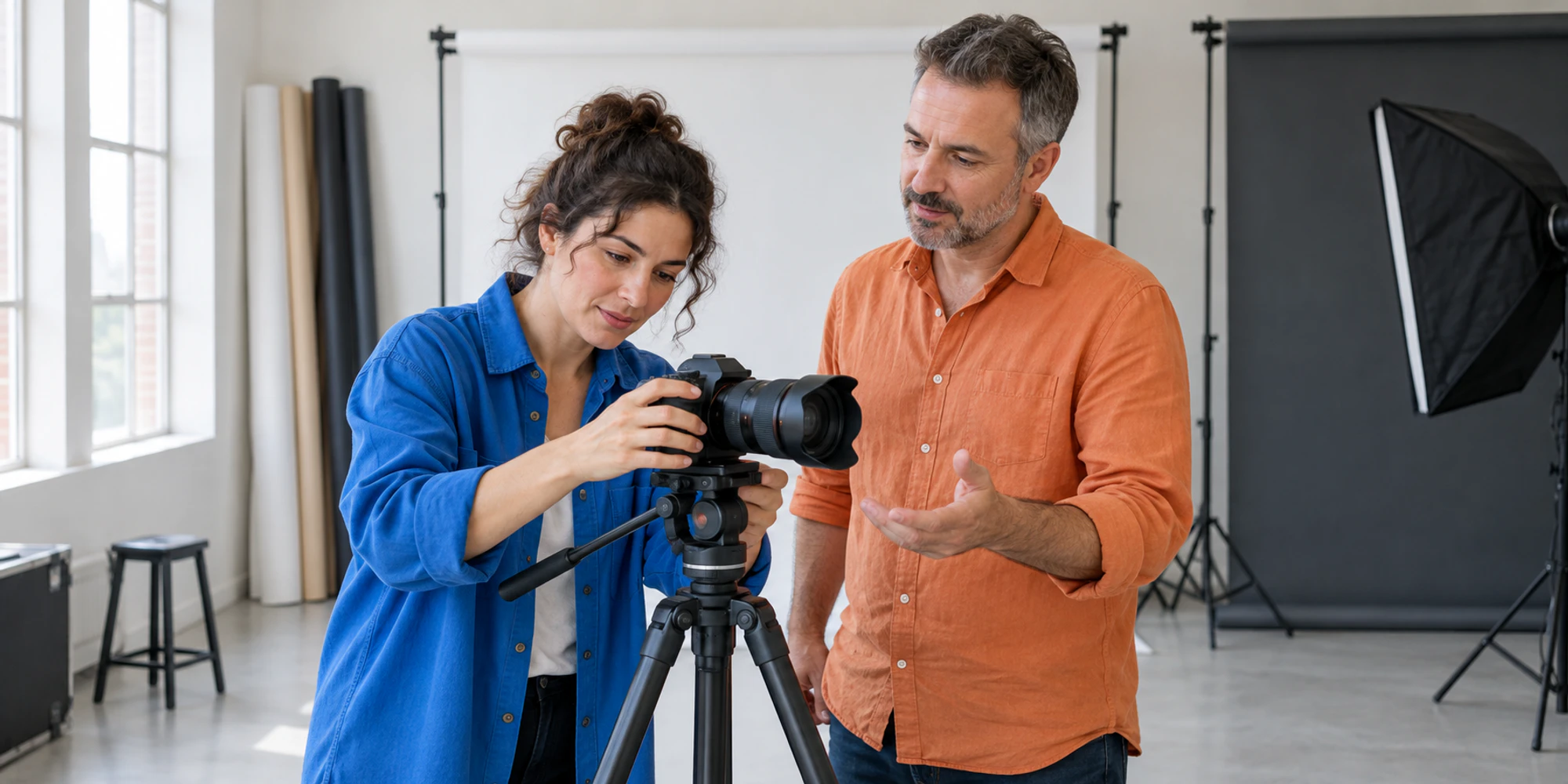 An adult learner adjusts a camera during a bright photography trial class while an instructor guides her