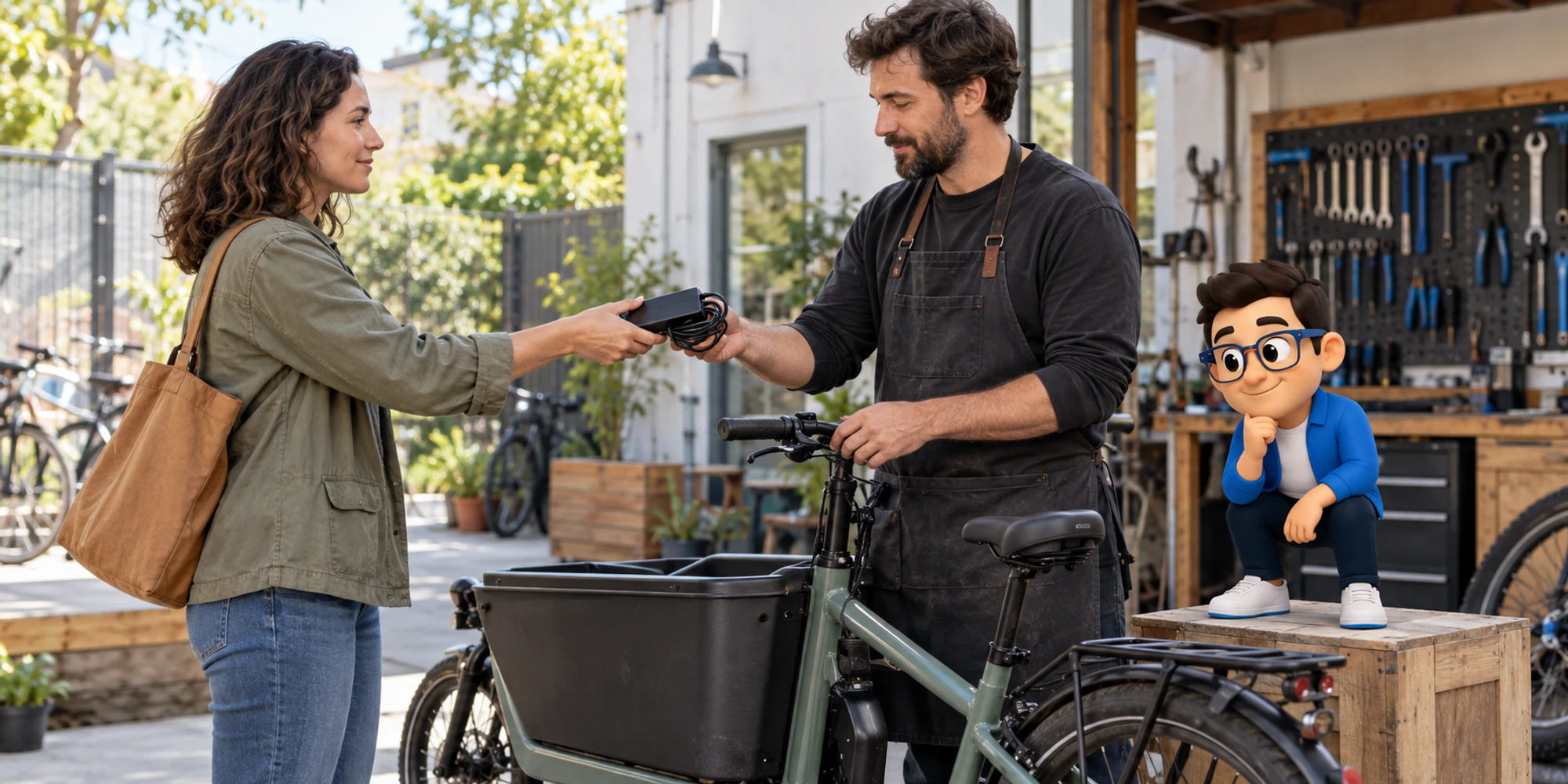 A customer returns an e-bike charger to a technician while the Context Keeper checks the matching bicycle.