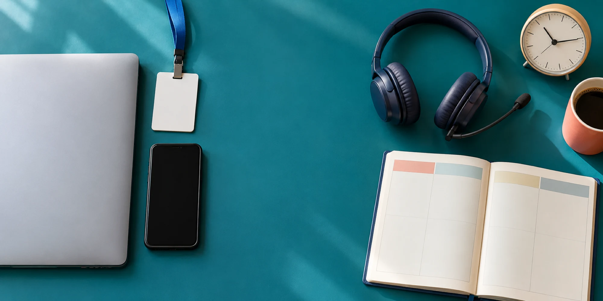 A dark phone and returned badge separated from a headset, planner and clock on a teal table