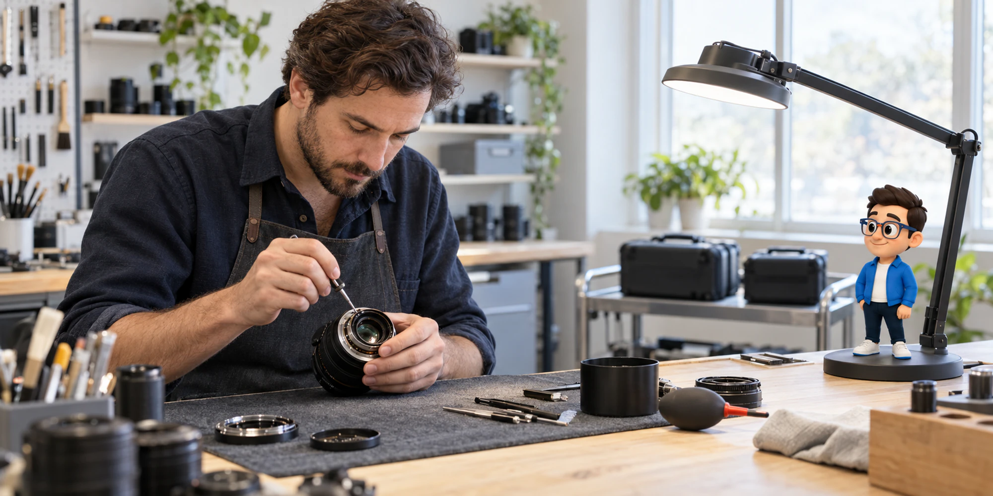 A camera repair specialist focuses on one delicate lens while routine cases wait and the DripTell Context Keeper watches the protected bench capacity.