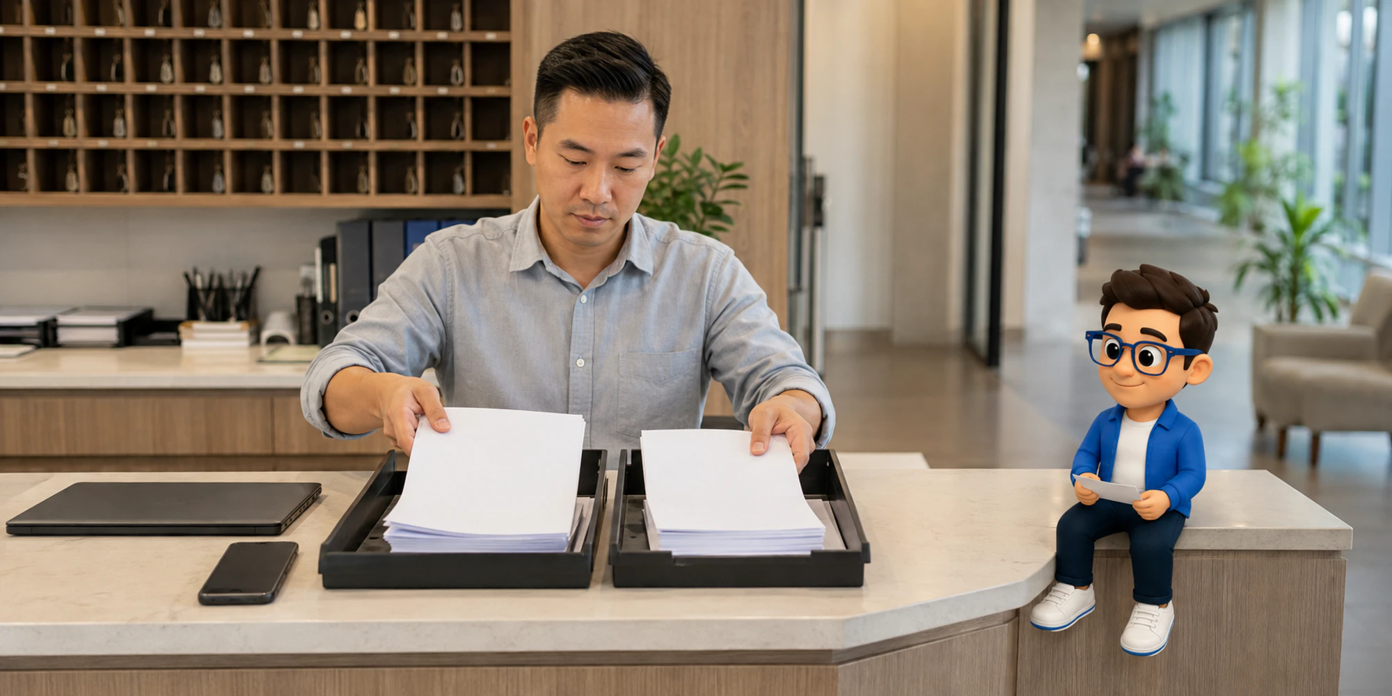 Hotel manager files two separate WhatsApp Business terms packets while the DripTell Context Keeper holds a blank tab