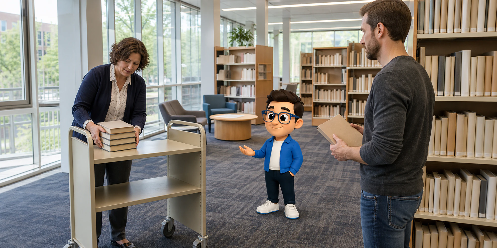 A librarian returns books to an open cart while a visitor waits and the Context Keeper checks the available space.