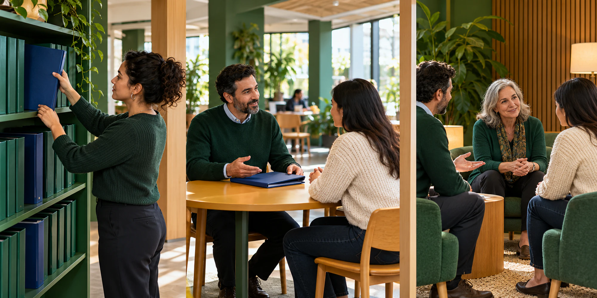 Three education scenes show an approved source, a routine course answer and a human admissions decision