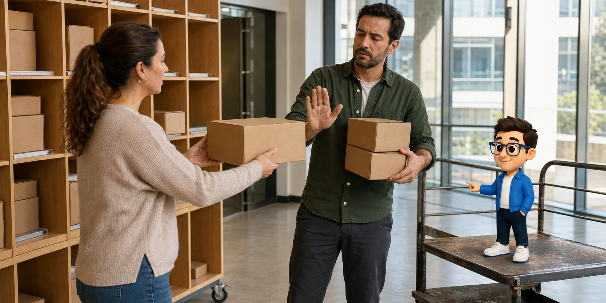 Two mailroom coworkers pause a parcel handoff when one cannot accept more work while the Context Keeper indicates the open trolley