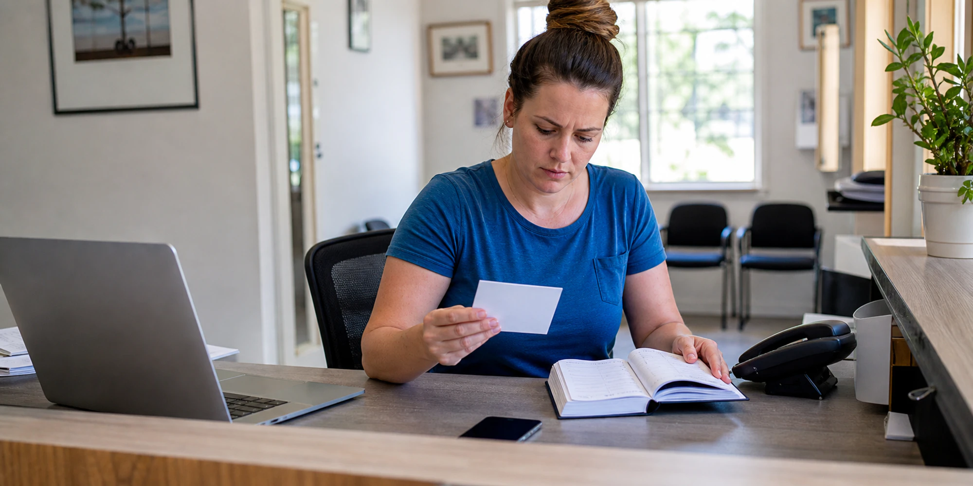 Clinic receptionist compares a blank appointment card with a diary beside separate communication devices