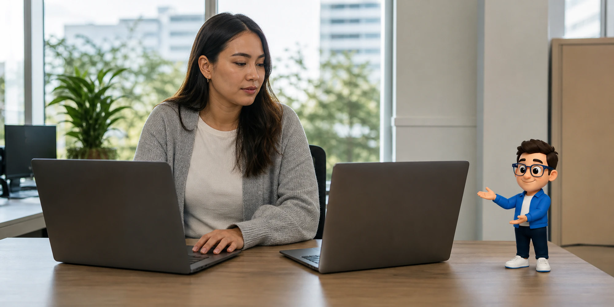 A customer operations analyst compares two laptops while the Context Keeper checks the migration